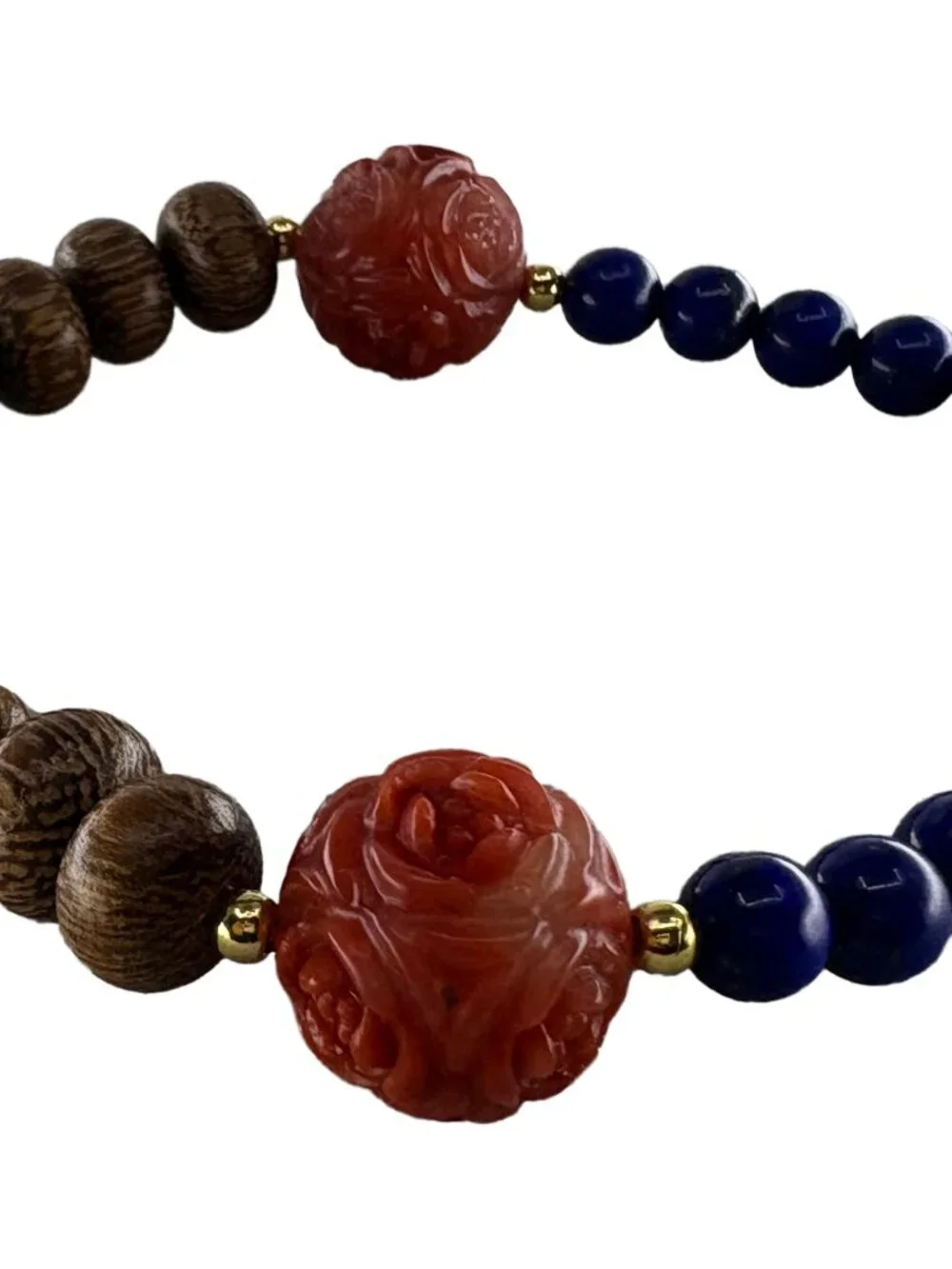 Hand-Carved Red Agate Rose Agarwood Lapis Lazuli Bracelet 18K Gold Filled 6.75